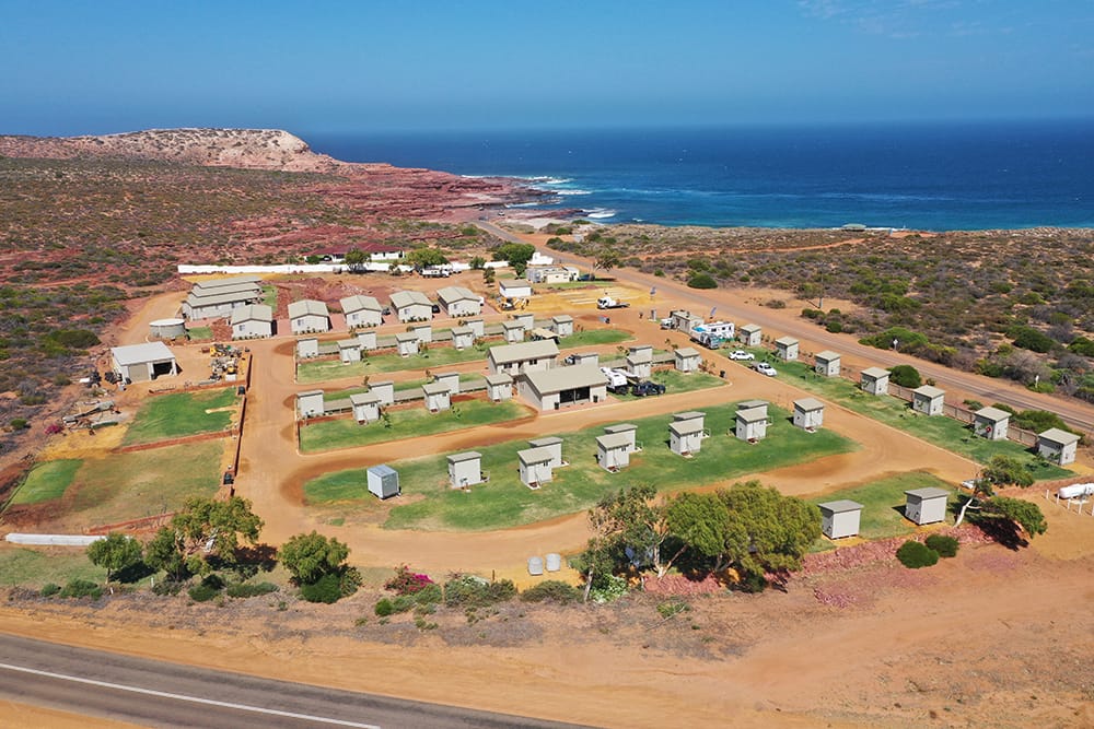 View of backpackers camping at Kalbarri Red Bluff Tourist Park in WA's North West.