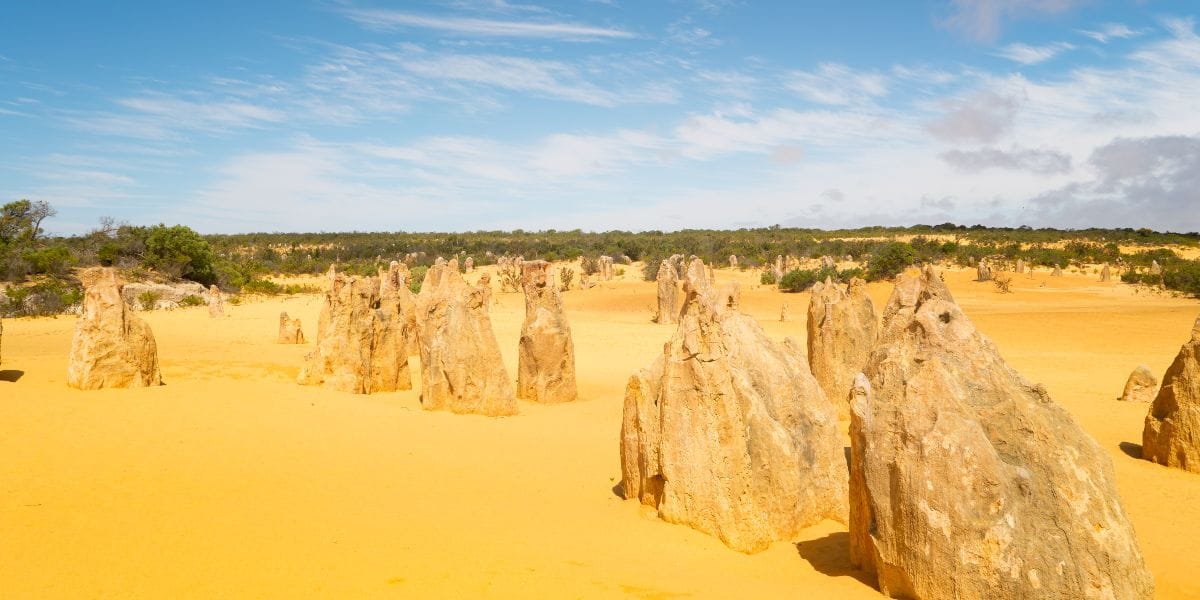 Large limestone pillars at Pinnacles Desert in Western Australia.