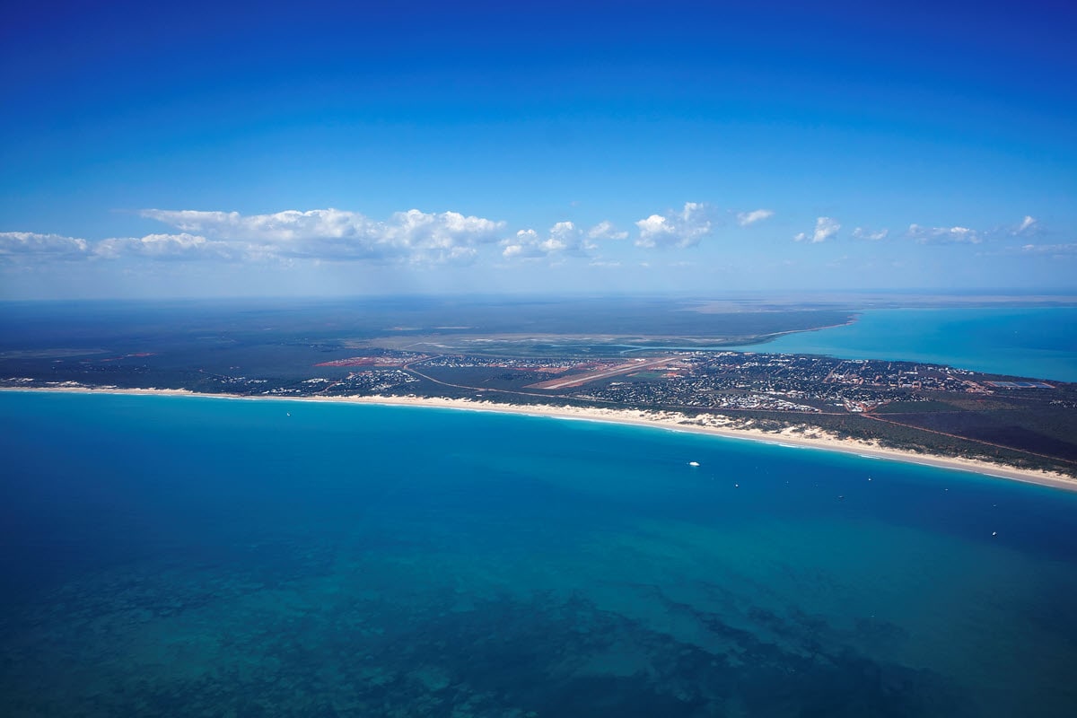 Aerial view over the town in Broome and Cable Beach on a clear day.