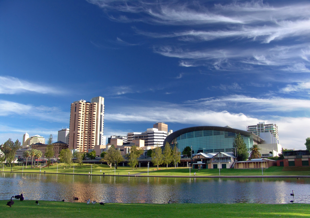 A river in front of the city