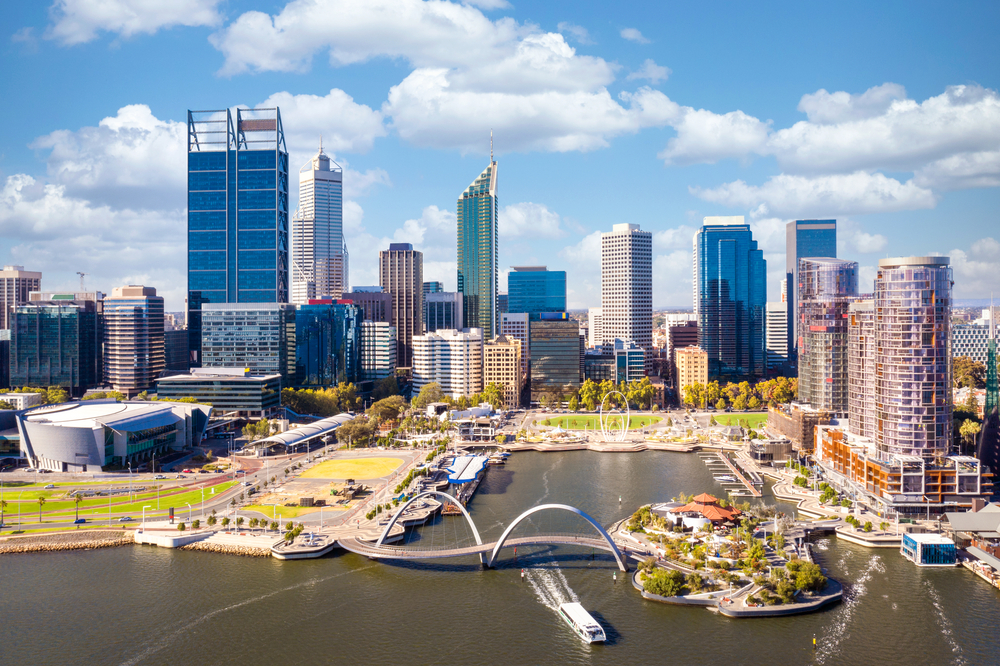 A drone image of the harbour of Perth City