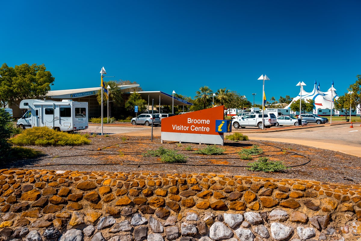 The street sign showing Broome Visitor Centre in the north west of Western Australia.