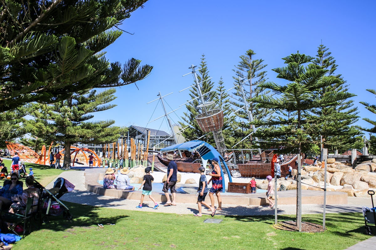 The Busselton Foreshore playground with families enjoying all the things to do in Busselton, Western Australia.