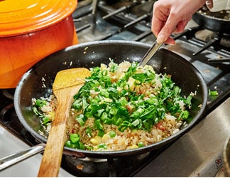 easy camping recipes - fried rice in frypan on camp cooktop