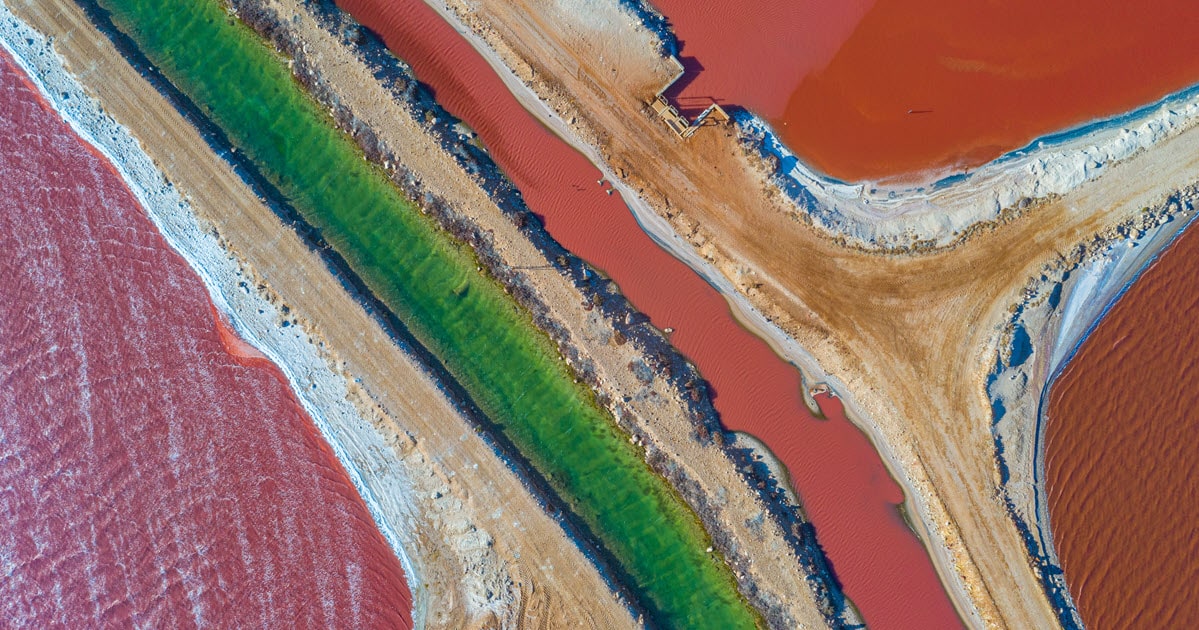 An aerial view of Pink Lake at Hutt Lagoon in Port Gregory, Western Australia.