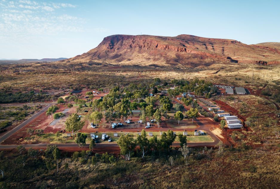 A drone image of a caravan park in Tom Price