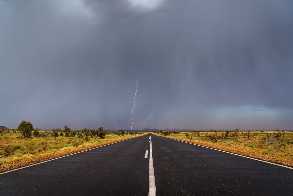 Stormy weather down the highway in Marble Bar in the northwest of Western Australia.