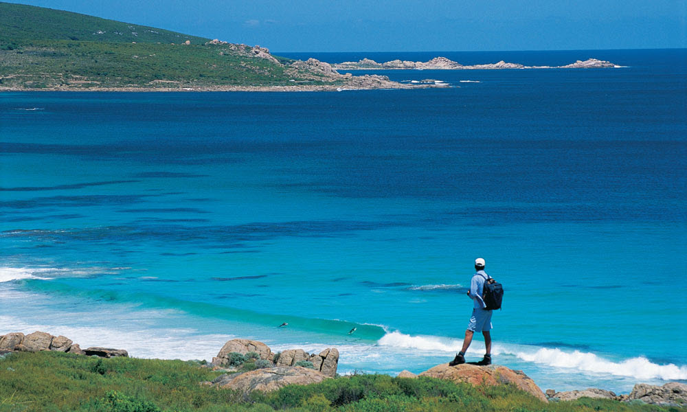 Man hiking past smiths beach on cape to cape track