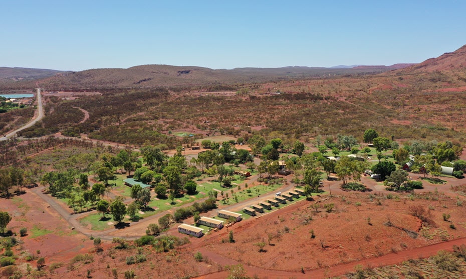 Aerial image of Tom Price Tourist Park located near Mount Nameless. 