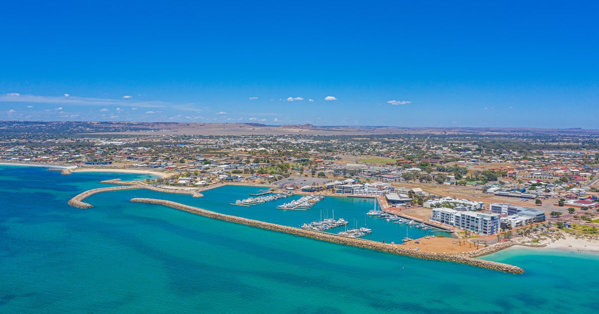 Aerial views over the marina in Geraldton, WA.