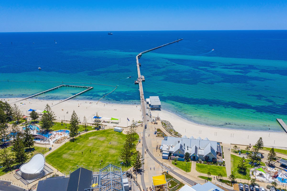 View of Busselton Jetty and south west caravan parks in Western Australia.