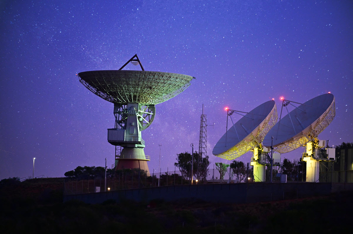 Stars shining behind the NASA Satellite Earth Station in Carnarvon, Western Australia.