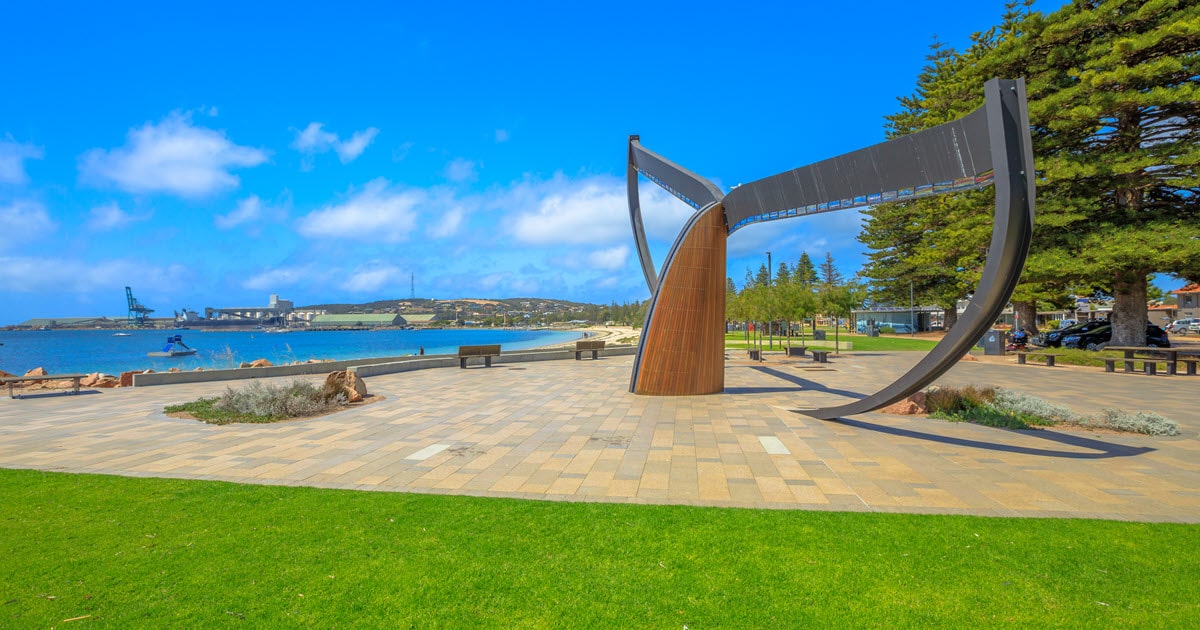 Whale tail statue at the Esperance Foreshore in WA’s southwest.