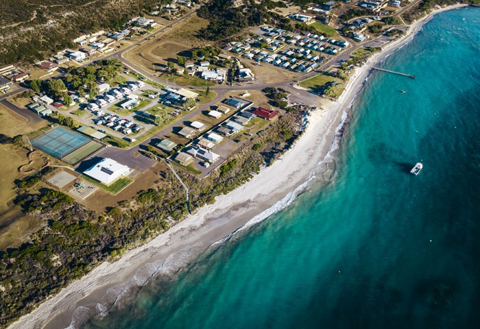 A drone image of a caravan park in Horrocks Beach