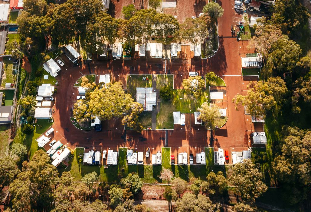 Aerial image of caravan and camping sites in Collie, Western Australia. 