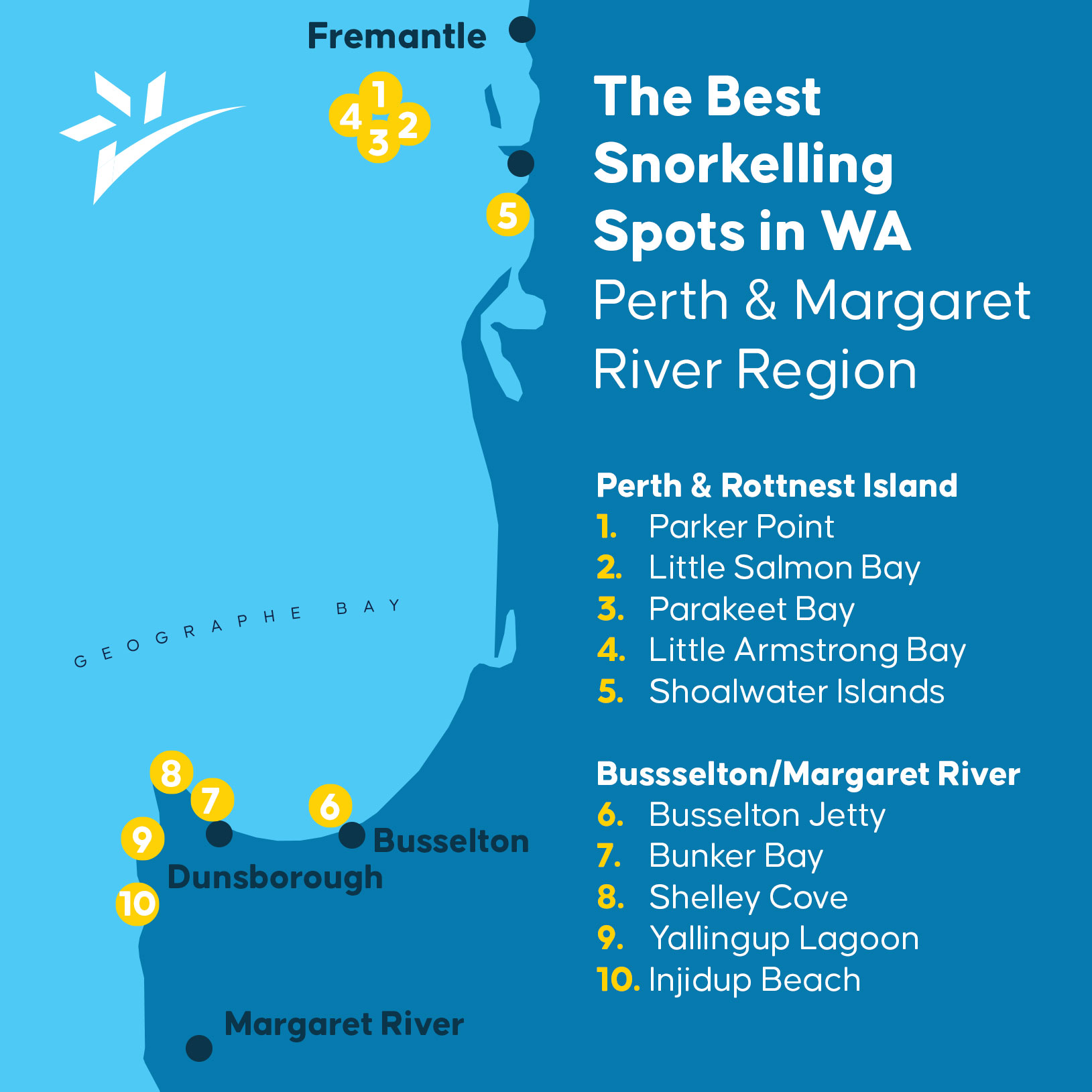 The best snorkelling spots in WA: Perth and Margaret River Region map.