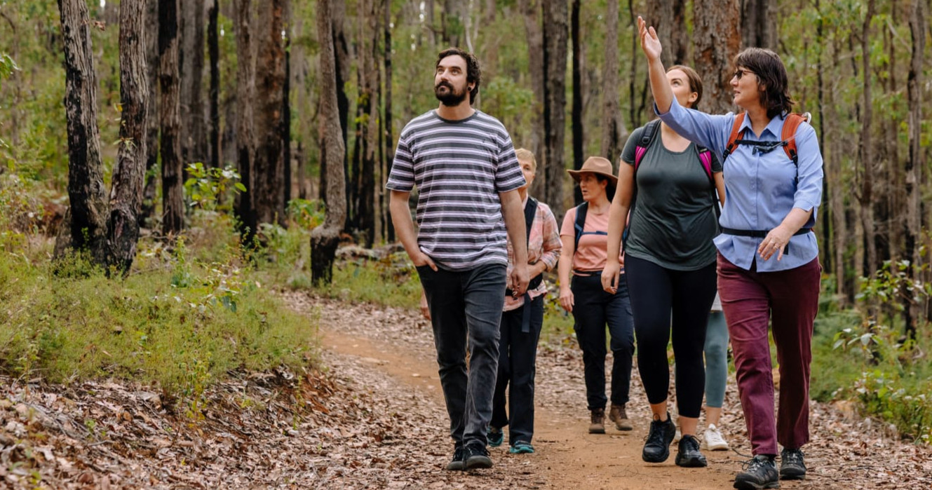 A group of people hiking through a forest. 
